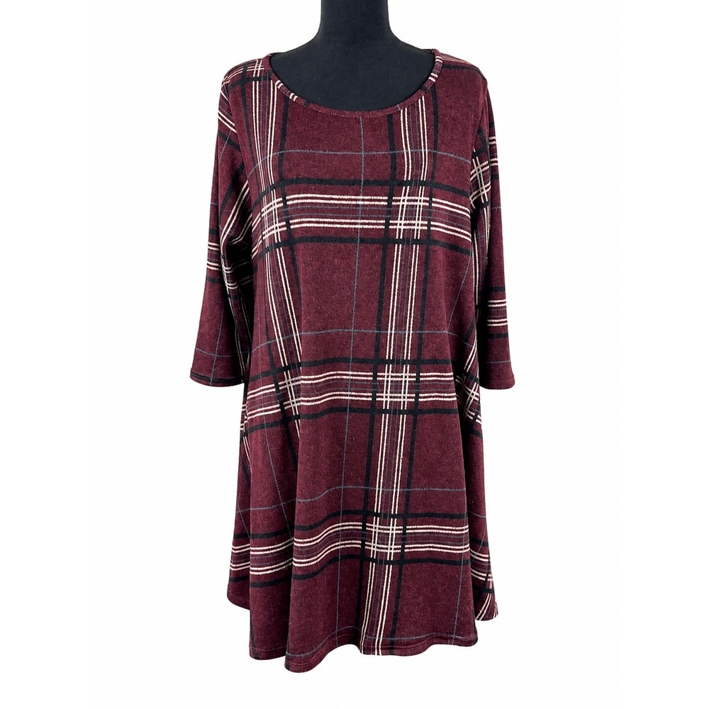 42POPS Women's 1XL Burgundy Plaid Tunic Top 3/4 Sleeve Stretch Fall Boho